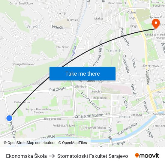 Ekonomska Škola to Stomatoloski Fakultet Sarajevo map