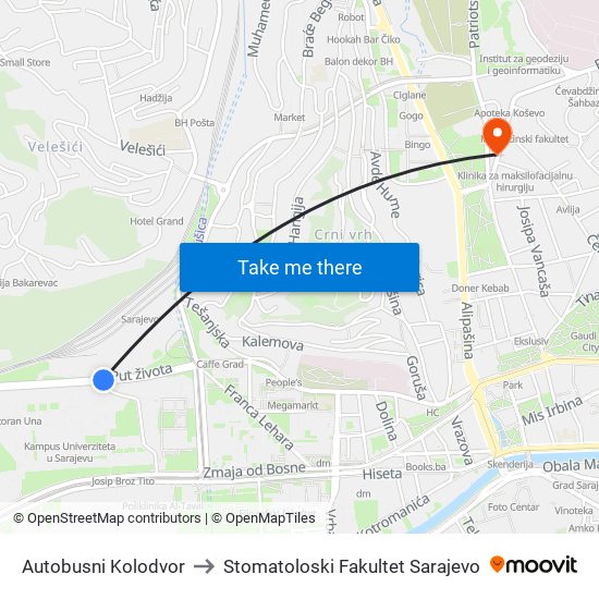 Autobusni Kolodvor to Stomatoloski Fakultet Sarajevo map
