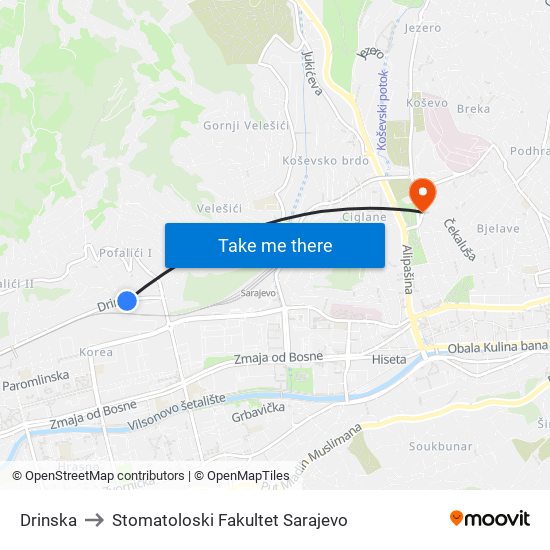 Drinska to Stomatoloski Fakultet Sarajevo map