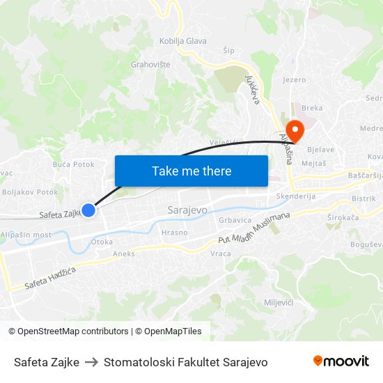 Safeta Zajke to Stomatoloski Fakultet Sarajevo map