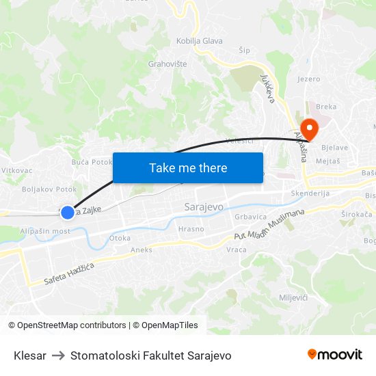 Klesar to Stomatoloski Fakultet Sarajevo map