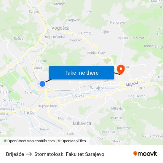 Briješće to Stomatoloski Fakultet Sarajevo map