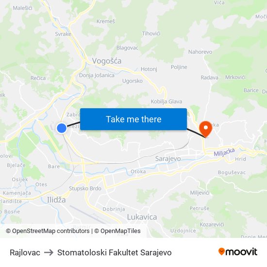 Rajlovac to Stomatoloski Fakultet Sarajevo map