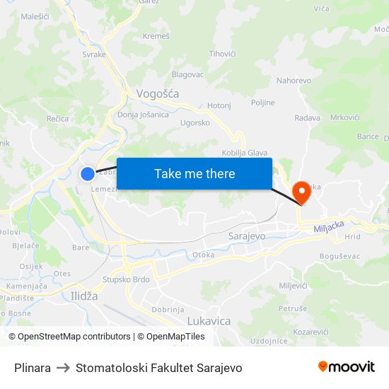 Plinara to Stomatoloski Fakultet Sarajevo map