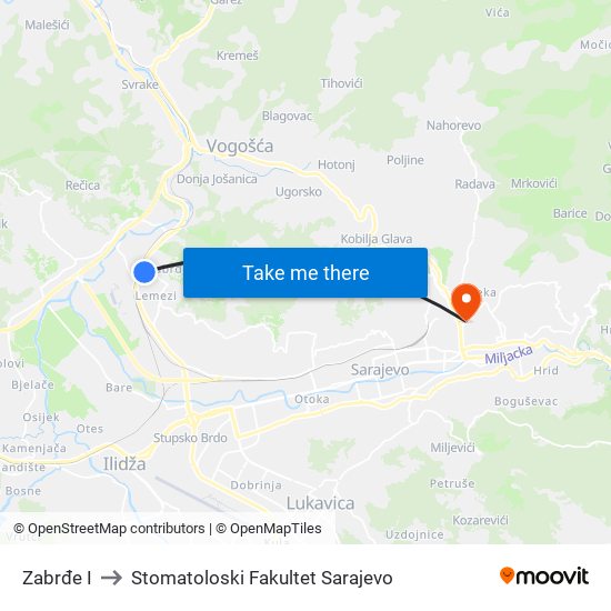 Zabrđe I to Stomatoloski Fakultet Sarajevo map