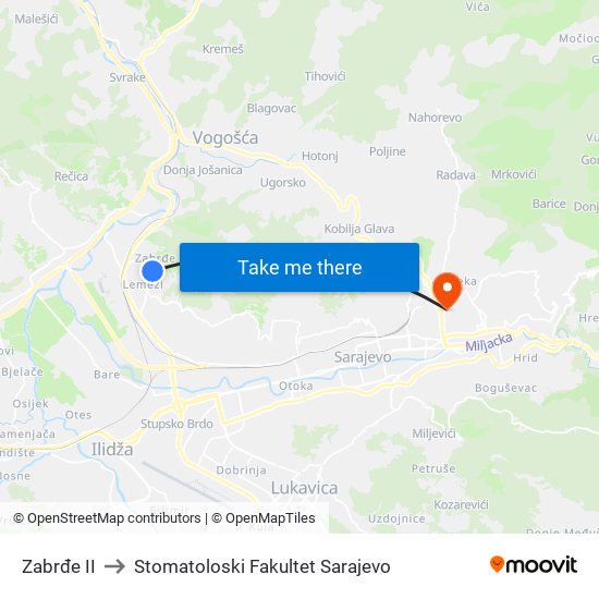 Zabrđe II to Stomatoloski Fakultet Sarajevo map