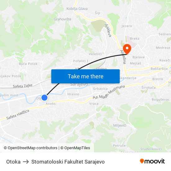 Otoka to Stomatoloski Fakultet Sarajevo map