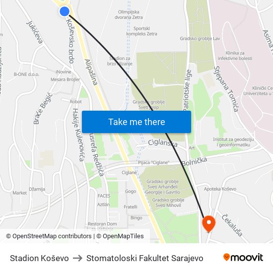 Stadion Koševo to Stomatoloski Fakultet Sarajevo map