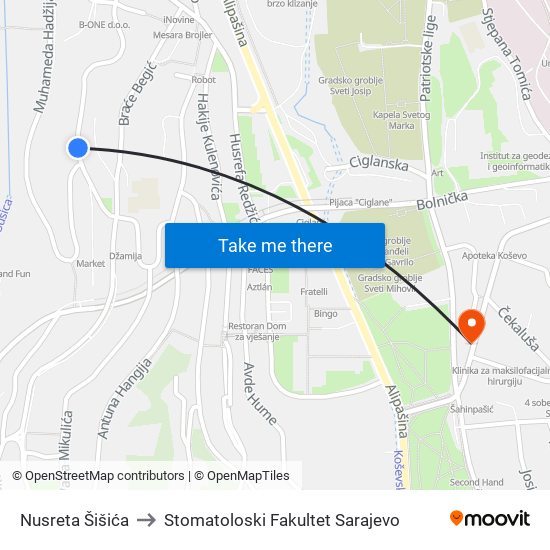 Nusreta Šišića to Stomatoloski Fakultet Sarajevo map