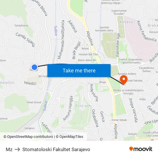 Mz to Stomatoloski Fakultet Sarajevo map