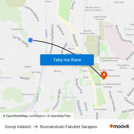 Gornji Velešići to Stomatoloski Fakultet Sarajevo map