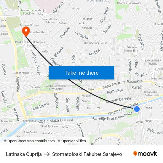 Latinska Ćuprija to Stomatoloski Fakultet Sarajevo map