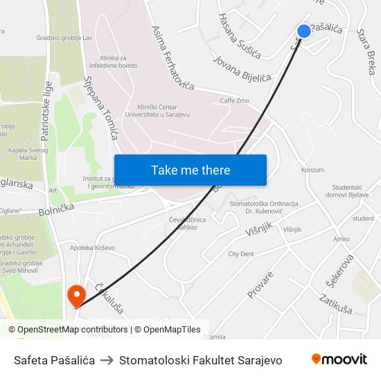 Safeta Pašalića to Stomatoloski Fakultet Sarajevo map