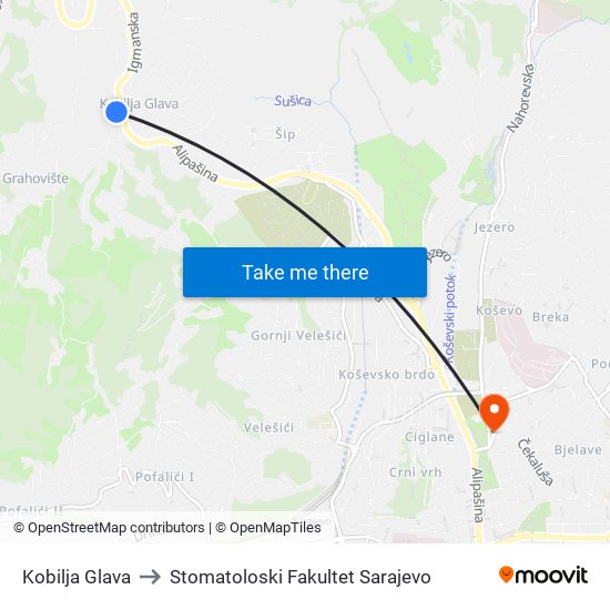 Kobilja Glava to Stomatoloski Fakultet Sarajevo map