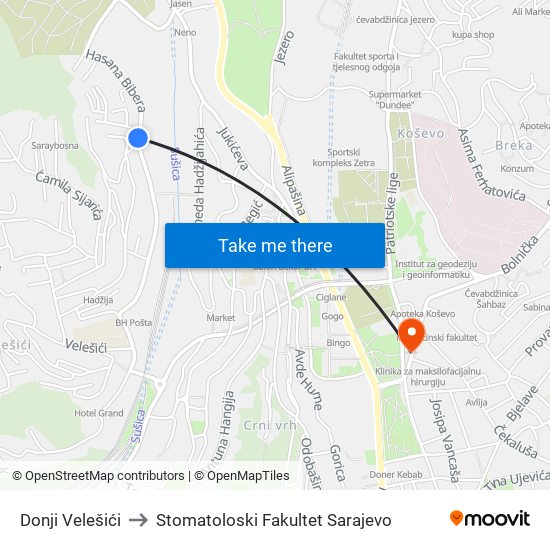 Donji Velešići to Stomatoloski Fakultet Sarajevo map