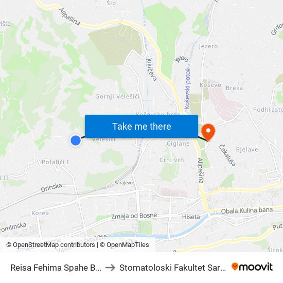 Reisa Fehima Spahe Br. 88 to Stomatoloski Fakultet Sarajevo map