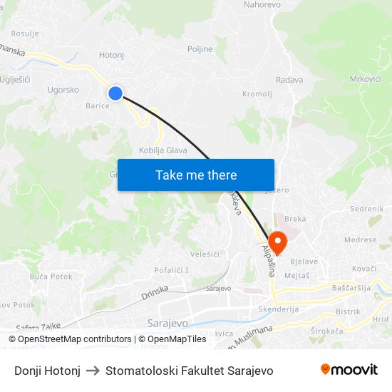 Donji Hotonj to Stomatoloski Fakultet Sarajevo map