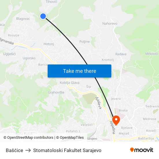 Bašćice to Stomatoloski Fakultet Sarajevo map