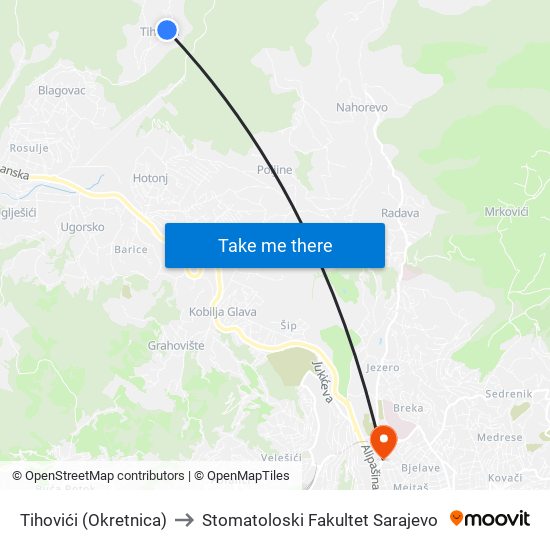 Tihovići (Okretnica) to Stomatoloski Fakultet Sarajevo map