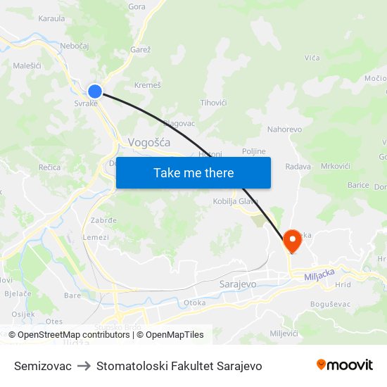 Semizovac to Stomatoloski Fakultet Sarajevo map