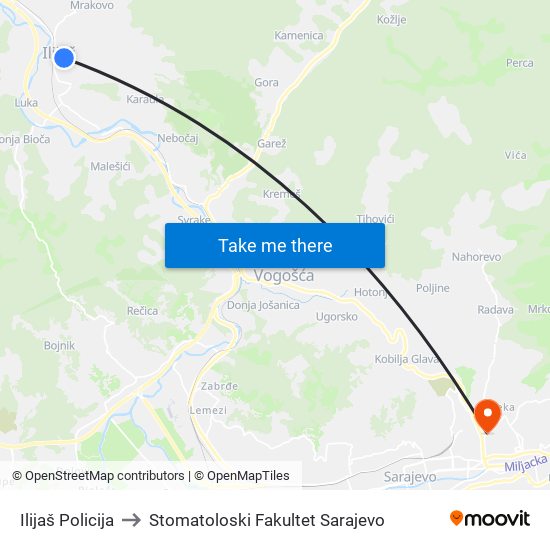 Ilijaš Policija to Stomatoloski Fakultet Sarajevo map