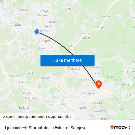 Ljubinići to Stomatoloski Fakultet Sarajevo map