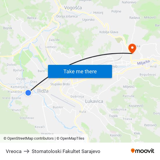 Vreoca to Stomatoloski Fakultet Sarajevo map