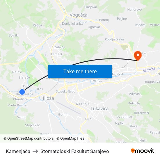 Kamenjača to Stomatoloski Fakultet Sarajevo map