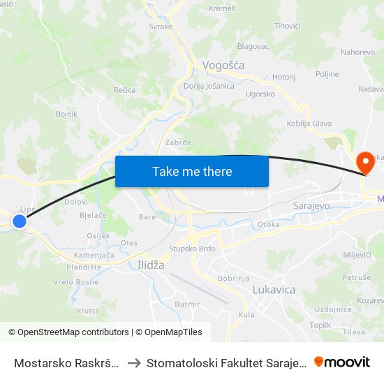 Mostarsko Raskršće to Stomatoloski Fakultet Sarajevo map