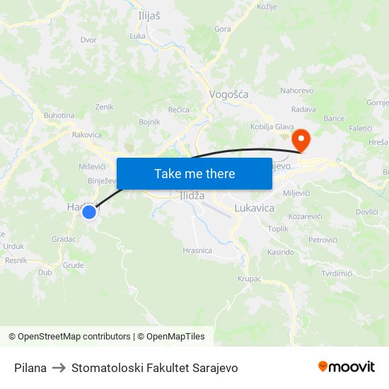Pilana to Stomatoloski Fakultet Sarajevo map