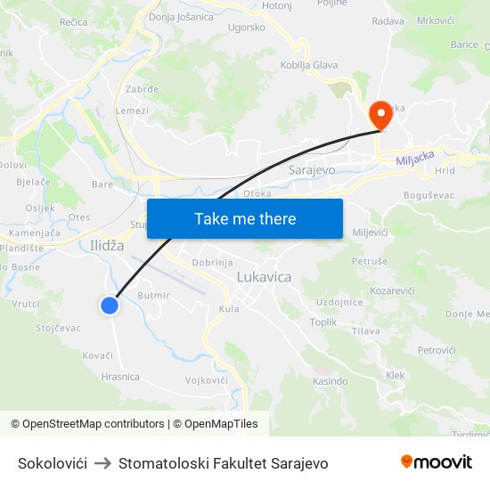 Sokolovići to Stomatoloski Fakultet Sarajevo map