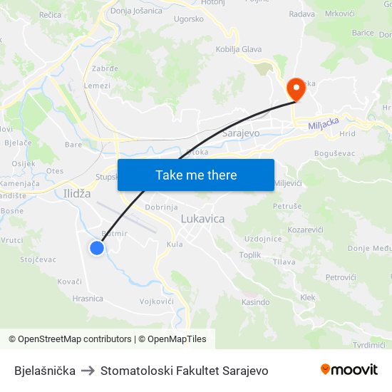 Bjelašnička to Stomatoloski Fakultet Sarajevo map