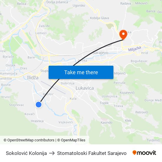 Sokolović Kolonija to Stomatoloski Fakultet Sarajevo map