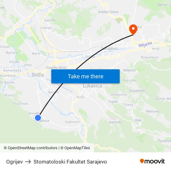 Ogrijev to Stomatoloski Fakultet Sarajevo map
