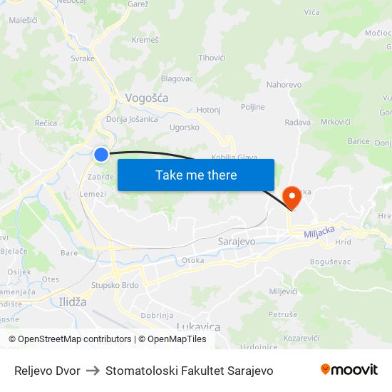 Reljevo Dvor to Stomatoloski Fakultet Sarajevo map
