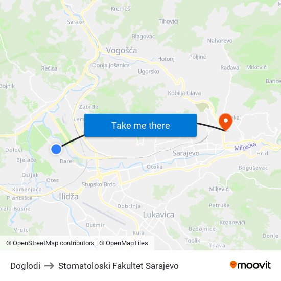 Doglodi to Stomatoloski Fakultet Sarajevo map
