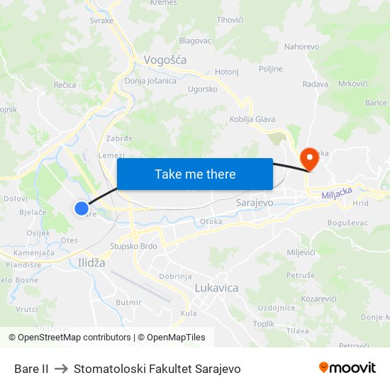 Bare II to Stomatoloski Fakultet Sarajevo map