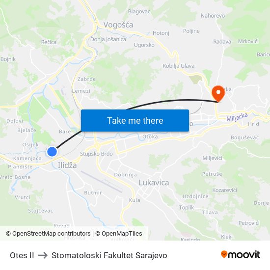 Otes II to Stomatoloski Fakultet Sarajevo map