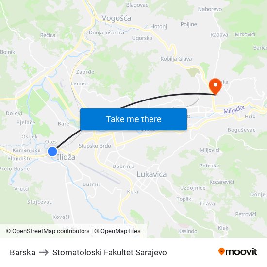 Barska to Stomatoloski Fakultet Sarajevo map