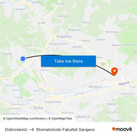 Dobroševići to Stomatoloski Fakultet Sarajevo map
