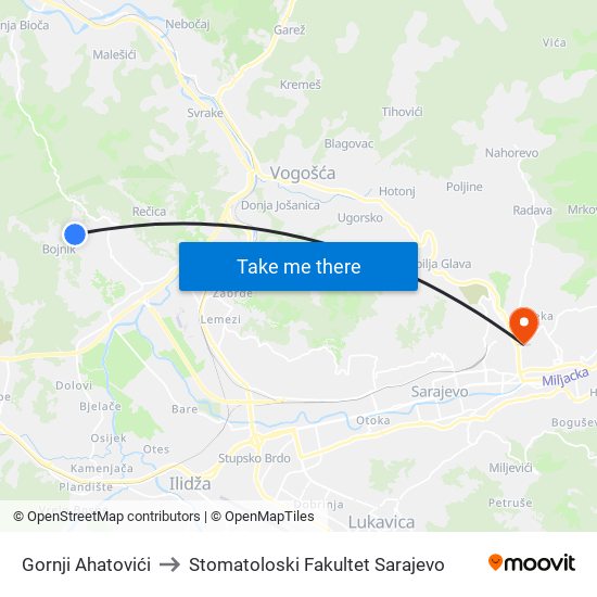 Gornji Ahatovići to Stomatoloski Fakultet Sarajevo map