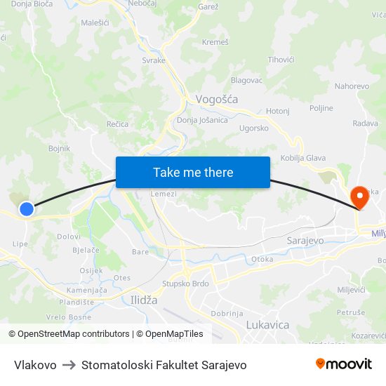 Vlakovo to Stomatoloski Fakultet Sarajevo map