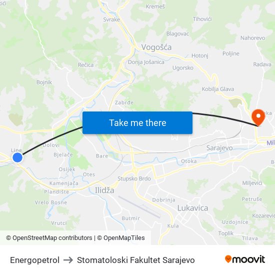 Energopetrol to Stomatoloski Fakultet Sarajevo map