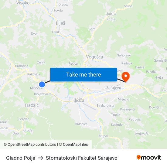 Gladno Polje to Stomatoloski Fakultet Sarajevo map