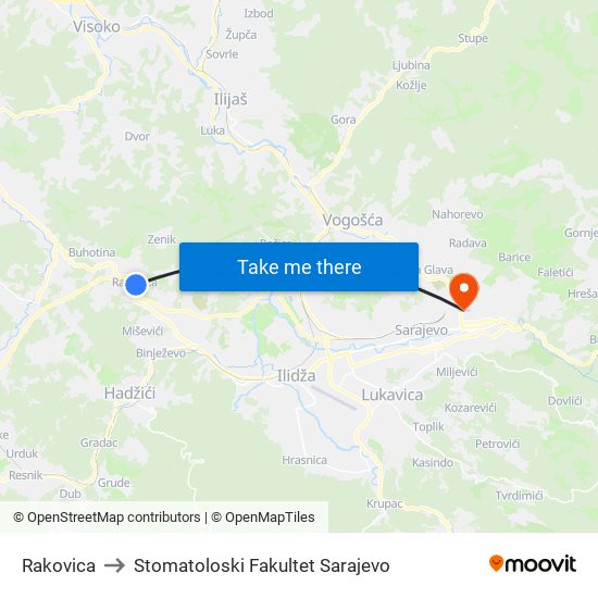 Rakovica to Stomatoloski Fakultet Sarajevo map