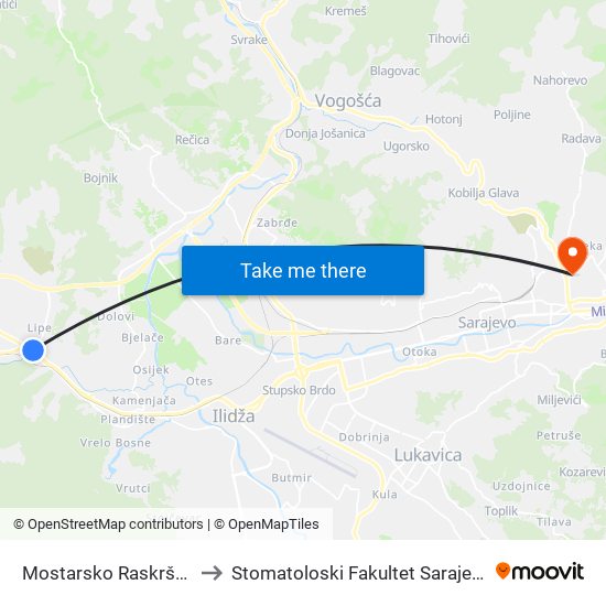 Mostarsko Raskršće to Stomatoloski Fakultet Sarajevo map