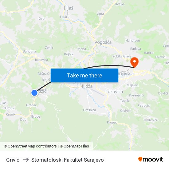 Grivići to Stomatoloski Fakultet Sarajevo map