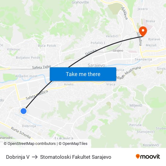 Dobrinja V to Stomatoloski Fakultet Sarajevo map