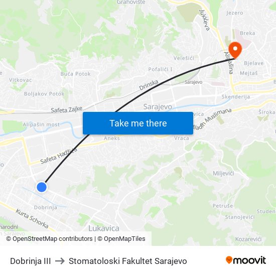 Dobrinja III to Stomatoloski Fakultet Sarajevo map