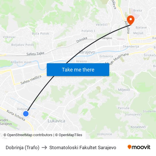 Dobrinja (Trafo) to Stomatoloski Fakultet Sarajevo map